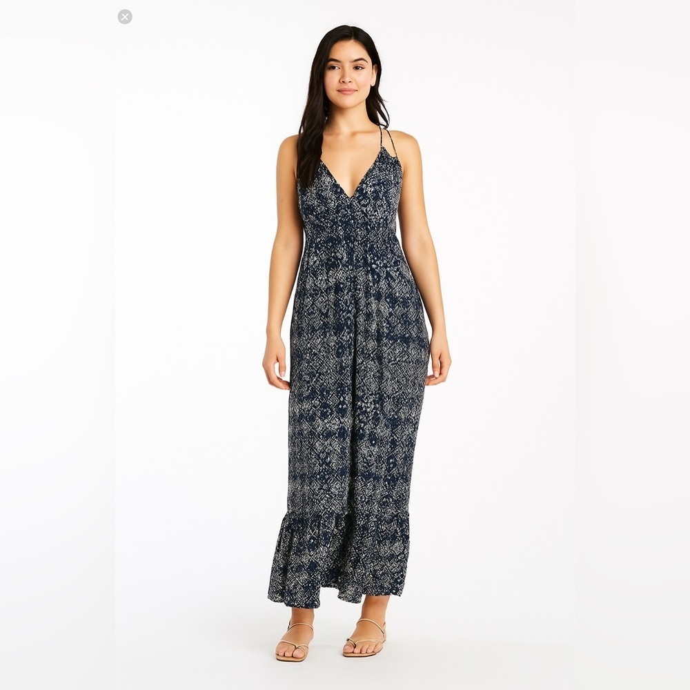 Lucky Brand John Robshaw Crochet Lace Back Maxi Dress Navy Blue White Small Boho